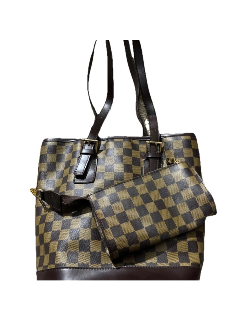 Checkered Brown Tote Bag Purse with wallet gold accents NWT
